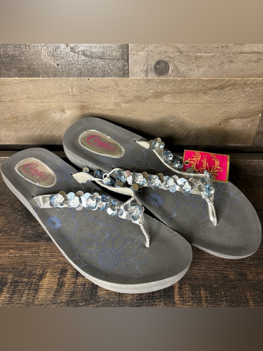 Candie's Silver Embellished Floral Flip Flop Sandals
